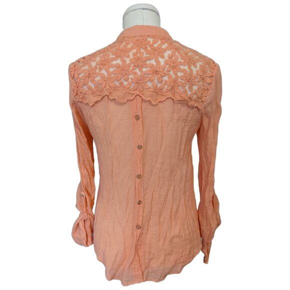 Womens Peach Orange Button Up Blouse Lace Panel Lagenlook Boho Sheer Pastel M - Picture 6 of 11